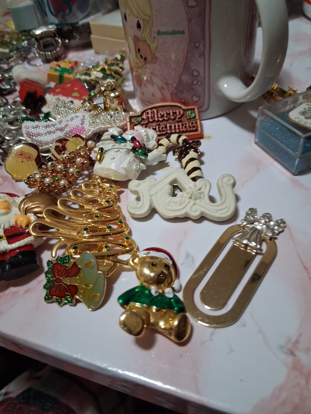Gold-tone Christmas Teddy Bear Pin with Green Accents